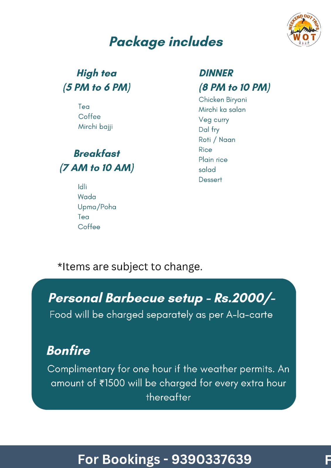 Anathagiri Hills Camping Food list